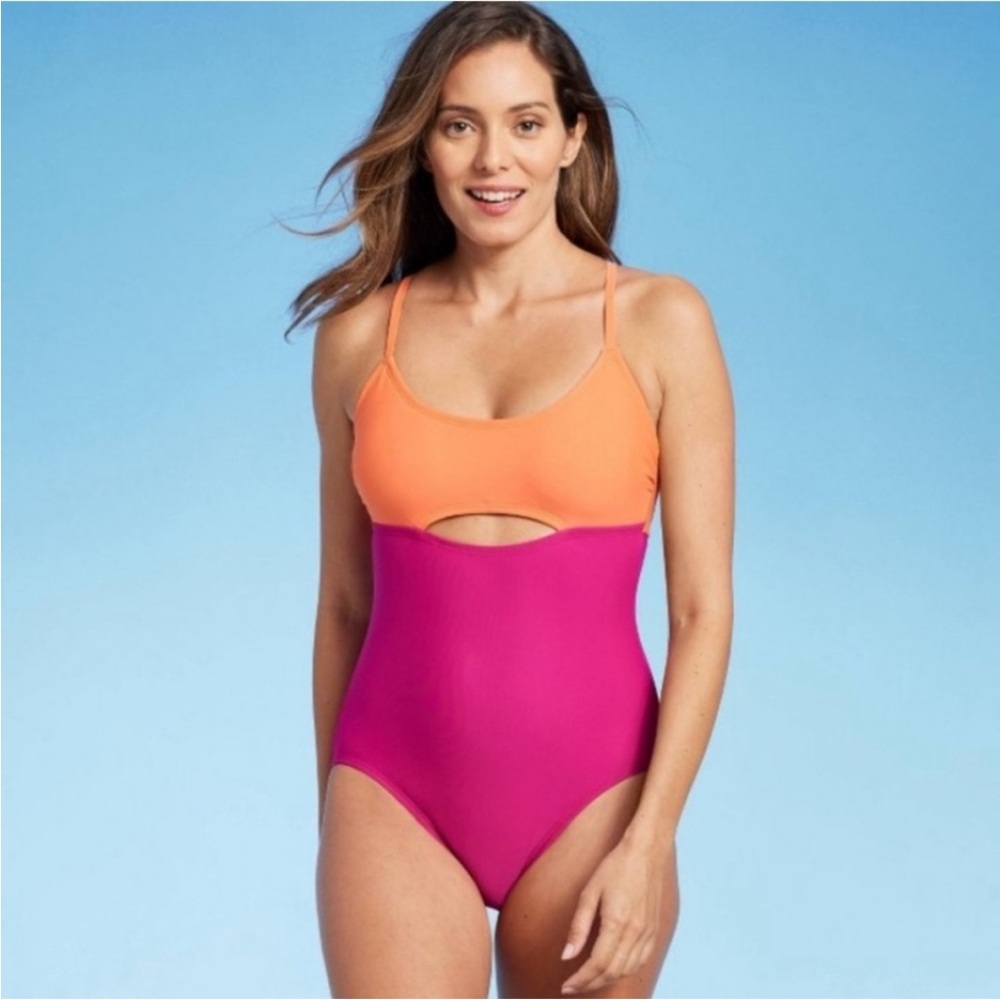 Kona Sol Orange and Pink Cutout Swimsuit NWT